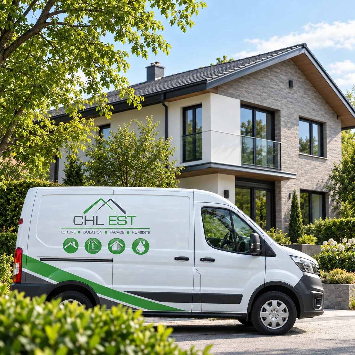 Véhicule CHL EST devant une maison rénovée